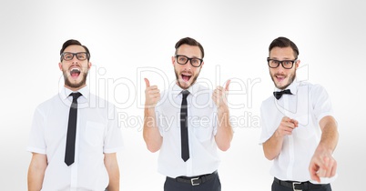 Multiple image of man gesturing against white background