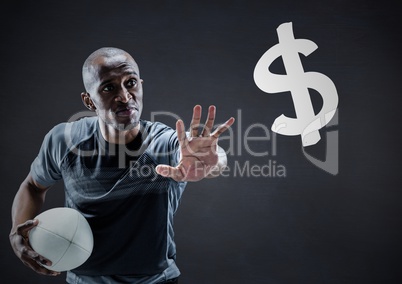 Rugby player with hand out towards dollar sign against navy chalkboard