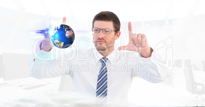 Digital composite image of businessman making hand frame while looking at globe