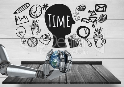 Android hand holding planet earth and Time text with drawings graphics