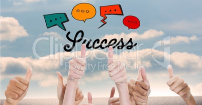 Success text with speech bubbles over thumbs up gestures