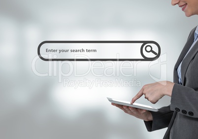 Woman touching tablet with Search Bar with bright background