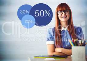 Woman at desk with arms crossed and blue statistics against blurry blue wood panel