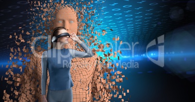 Woman wearing VR headphones against 3d scattered human figure
