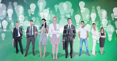Digital composite image of image of business people with light bulbs flying in background