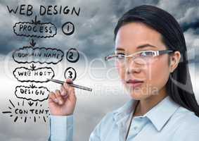 Business woman with pen and website mock up against stormy sky