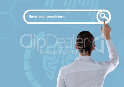 Woman touching Search Bar with blue brain background