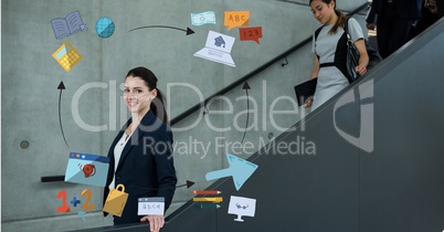 Digital composite image of businesswoman on elevator surrounded by icons