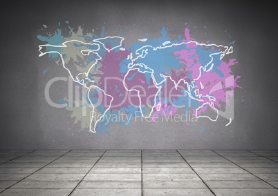 Colorful Map with paint splattered wall background