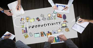 Productivity text surrounded by graphics and business people's hands