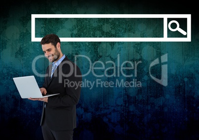 Man on laptop with Search Bar with dark grunge background