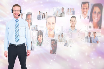 Digital composite image of HR executive wearing headphones by candidates