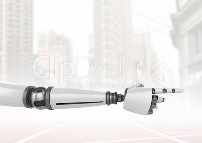 Android Robot hand pointing with bright city background