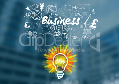 Colourful lightbulb and Business text with drawings graphics