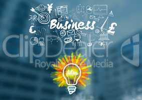Colourful lightbulb and Business text with drawings graphics