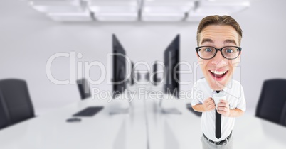 Happy nerd businessman in conference room