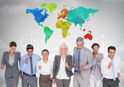 Business people happy having fun under Colorful Map with cloud background