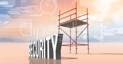Security Text with 3D Scaffolding and technology interface landscape