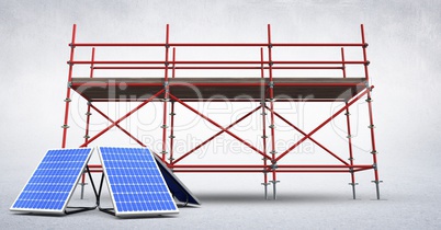 3D solar panels against scaffolding in white room