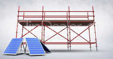 3D solar panels against scaffolding in white room
