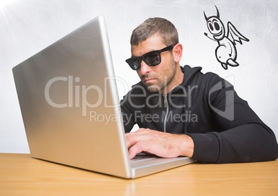 Criminal on laptop with devil icon floating alongside