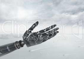 Android Robot hand open with bright sky background