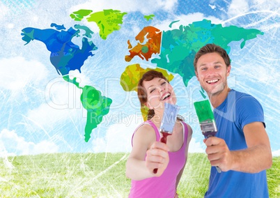 Couple painting Colorful Map with bright sky background