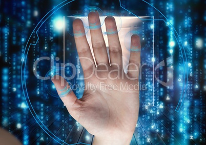 hand scan with circle on the fingers. Raining of binary code