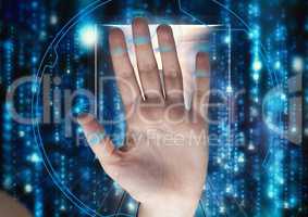 hand scan with circle on the fingers. Raining of binary code