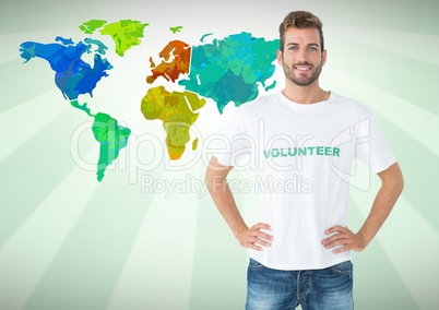 Volunteer in front of Colorful Map