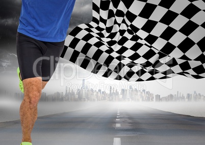 Male runner legs on road with skyline against storm and checkered flag