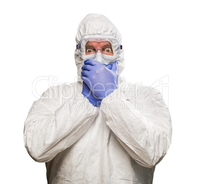 Man Covering Mouth With Hands Wearing HAZMAT Protective Clothing
