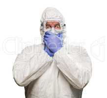 Man Covering Mouth With Hands Wearing HAZMAT Protective Clothing