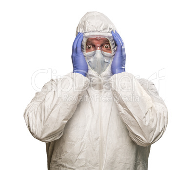 Man Holding Head With Hands Wearing HAZMAT Protective Clothing I