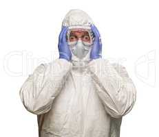 Man Holding Head With Hands Wearing HAZMAT Protective Clothing I