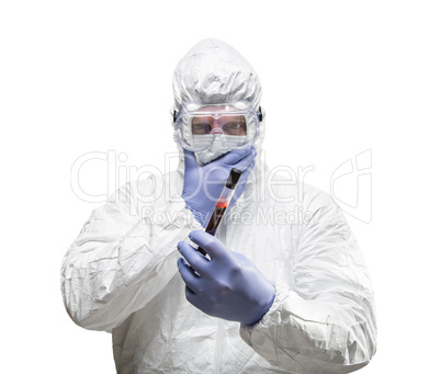 Man Wearing HAZMAT Protective Clothing Holding Test Tube Filled