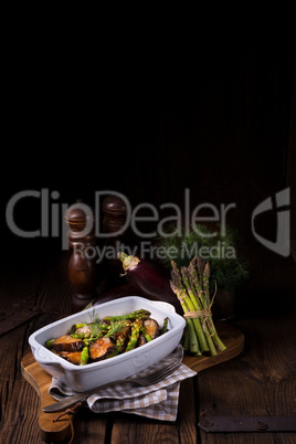 Baked eggplant with green asparagus