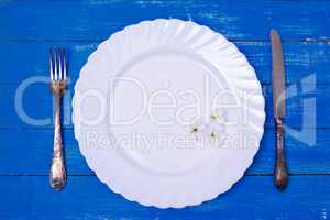 White empty plate and vintage iron cutlery