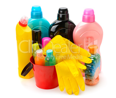 set of household chemicals isolated on white background