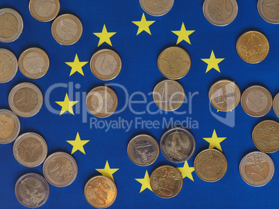 Euro coins, European Union, over flag