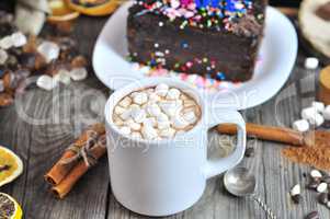 Hot chocolate with white marshmallow in a mug