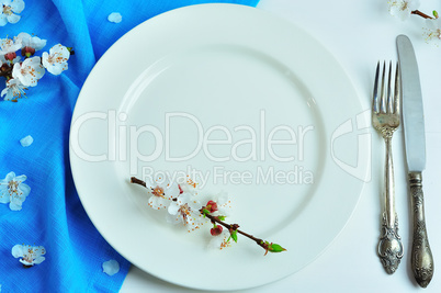 Empty white ceramic plate with iron vintage cutlery