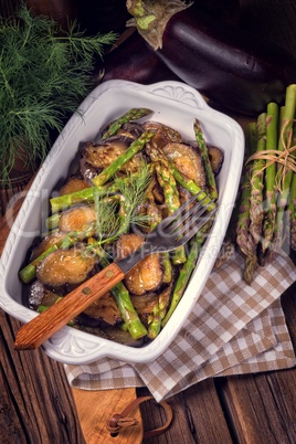 Baked eggplant with green asparagus