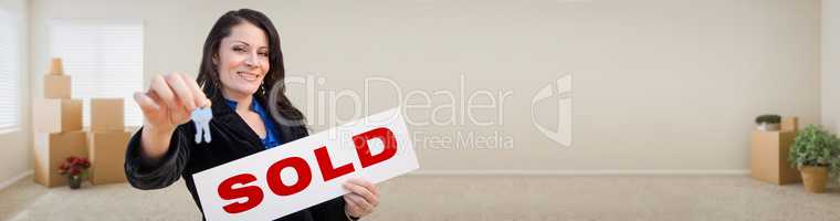 Banner of Hispanic Woman Inside Room with Boxes Holding House Ke