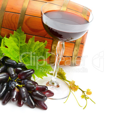 glass of wine and barrel isolated on white background