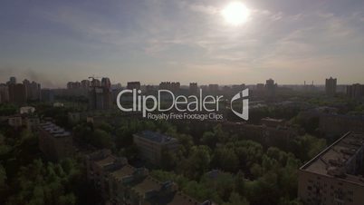 Flying over residential district with houses in Moscow, Russia