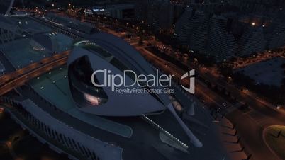 Flying over City of Arts and Sciences in Valencia at night