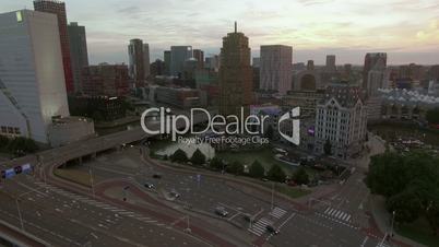 Aerial view of urban architecture and river in Rotterdam