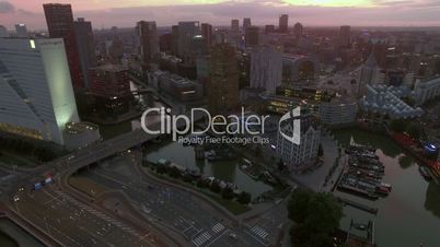 Aerial evening shot of Rotterdam cityscape and traffic