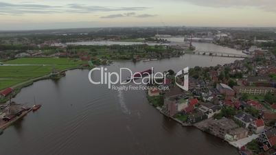 Dutch township on river bank, aerial view